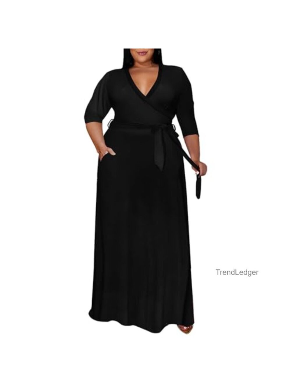 Plus Size Maxi Dress 3/4 Sleeve V-Neck Wrap Belted Ruffled Hem